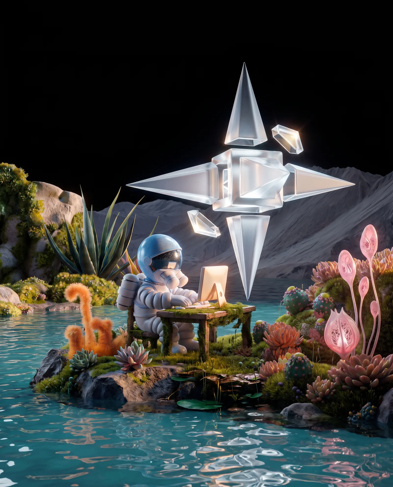 An astronaut at a small desk builds on a glowing computer while a glass star is assembled overhead