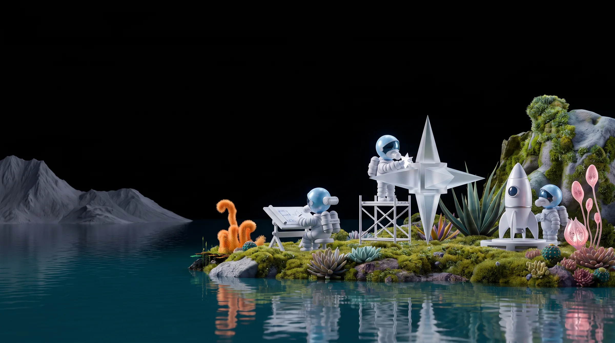 Three astronauts at three stations in a row: a drafting table, a glass star on a scaffold, and a rocket ready to launch