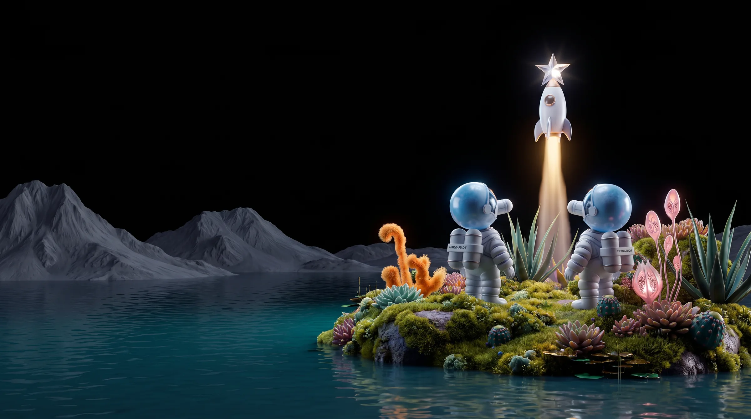 Two astronauts watch a small rocket carry a glass star into the night sky