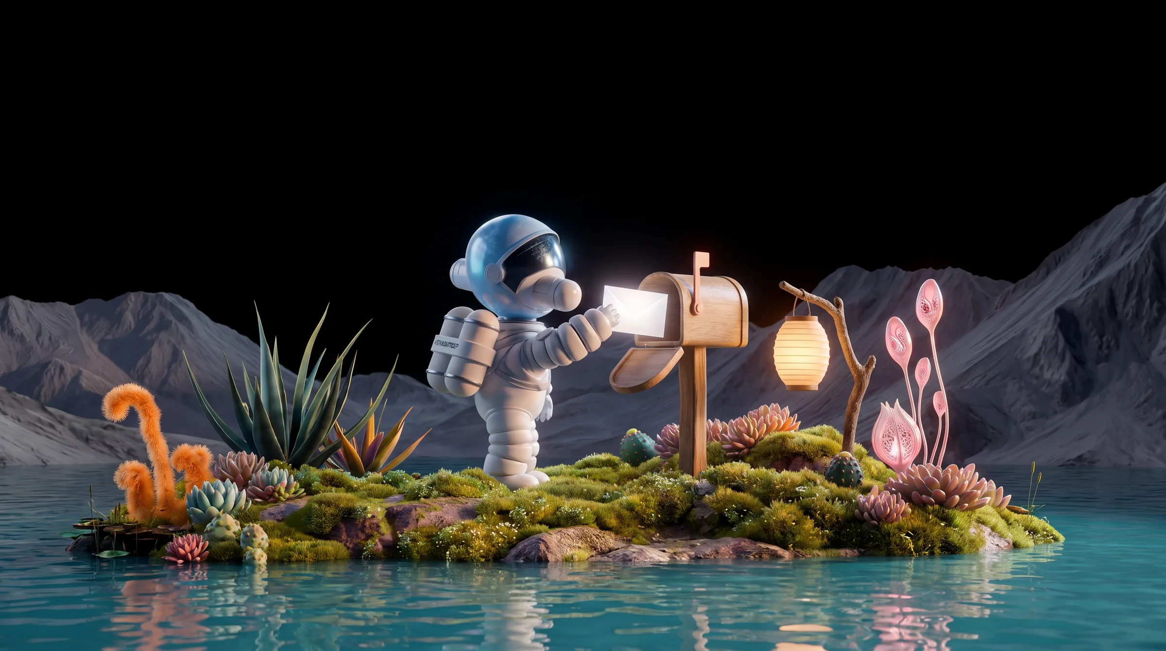 An astronaut posts a glowing letter into a small mailbox