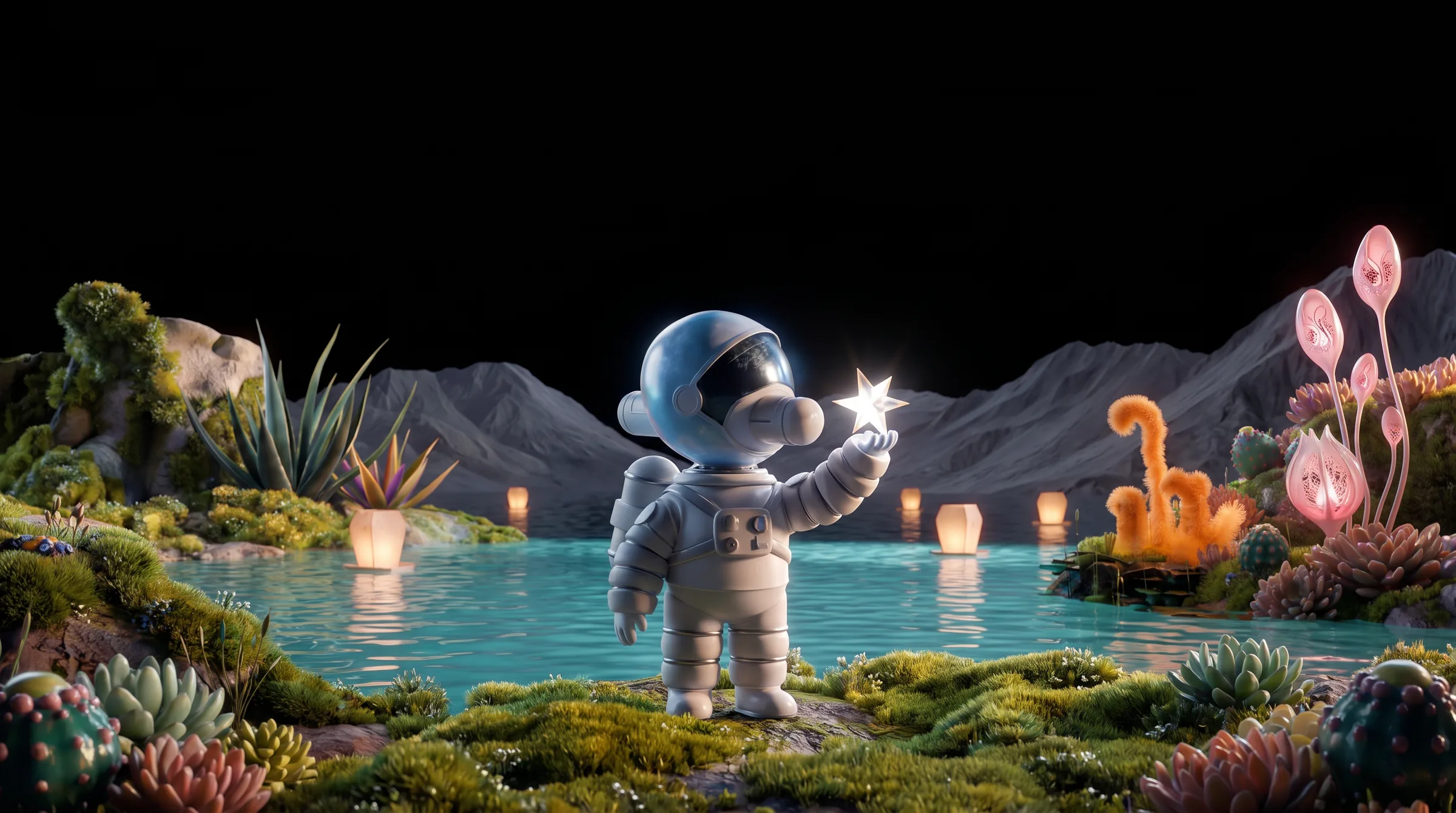 An astronaut on the shore holds up a small glowing star