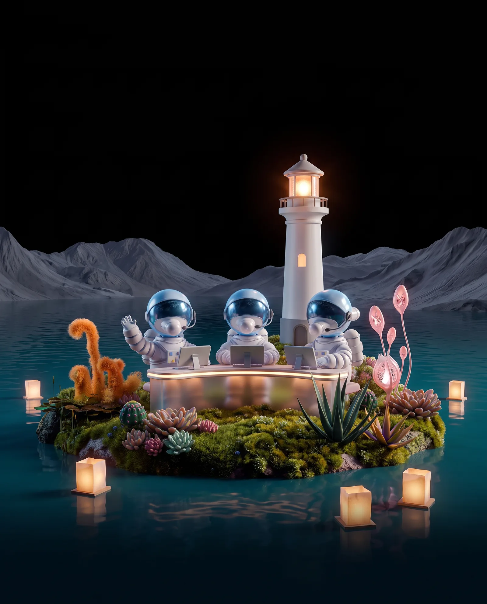 Three astronauts with headsets work side by side at a support desk beside a lighthouse
