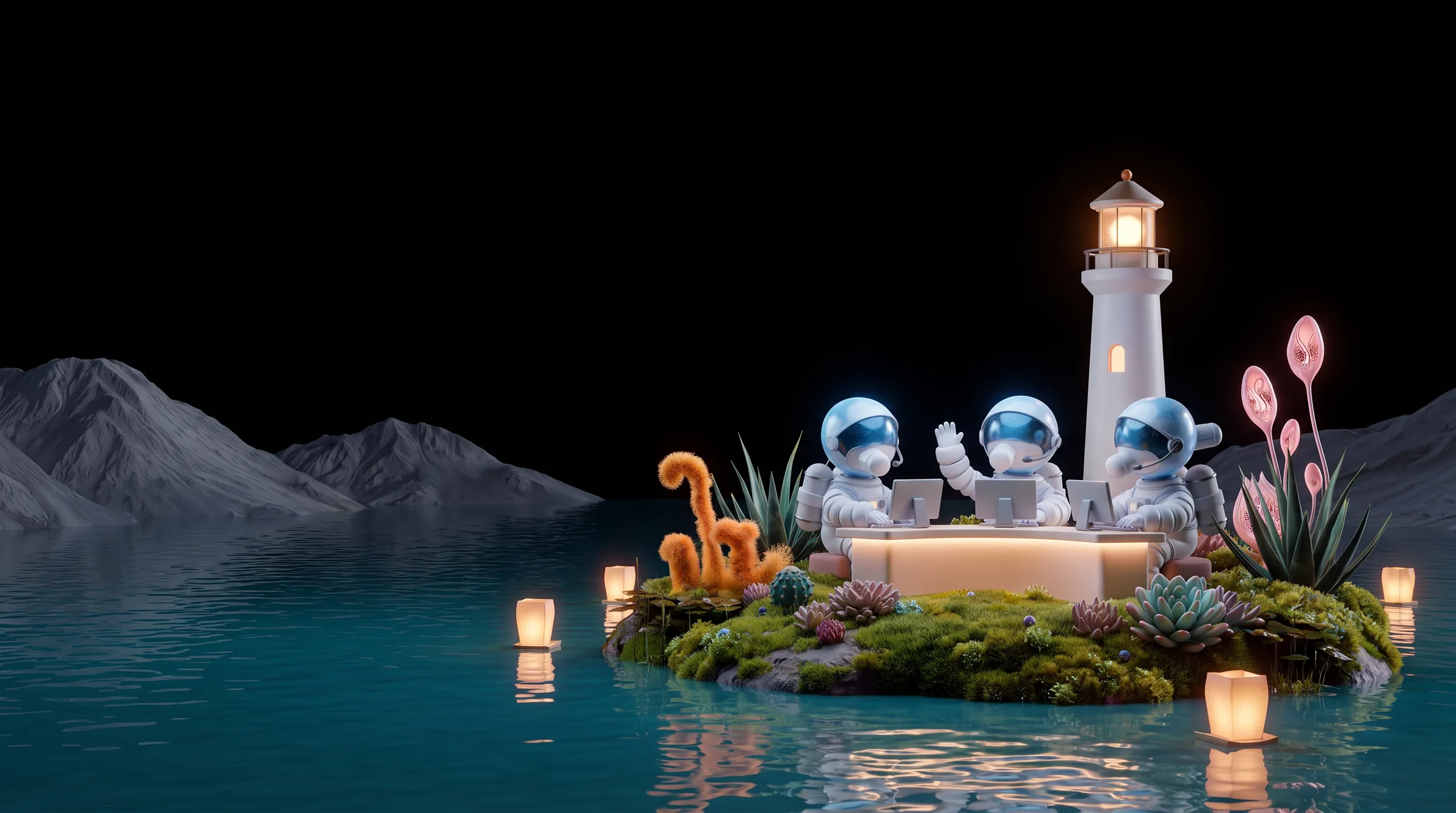 Three astronauts with headsets run a support desk beside a lighthouse