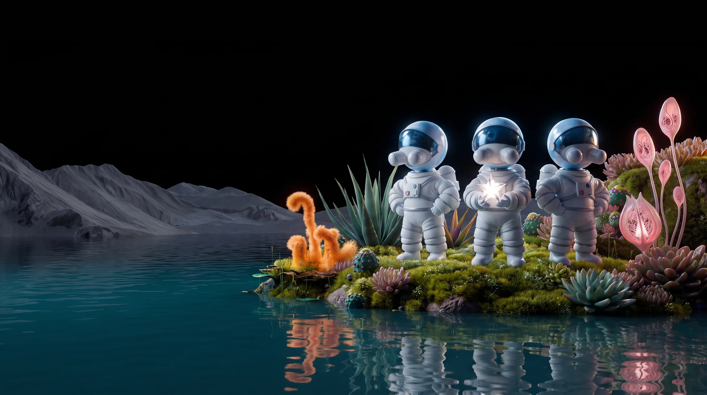 Three astronauts stand together as a small crew, one holding a glass star