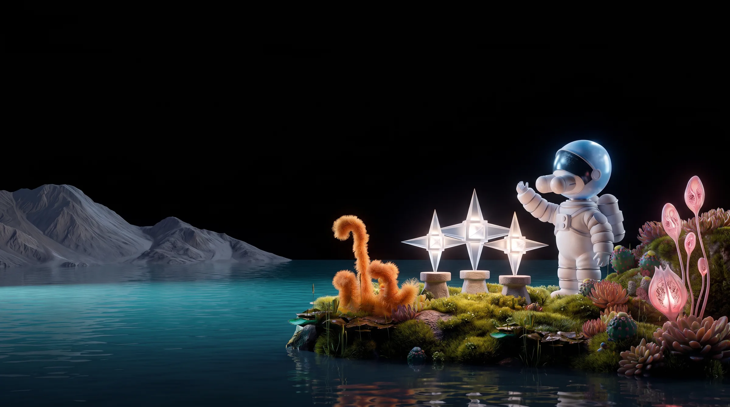 An astronaut presents three finished glass stars on pedestals